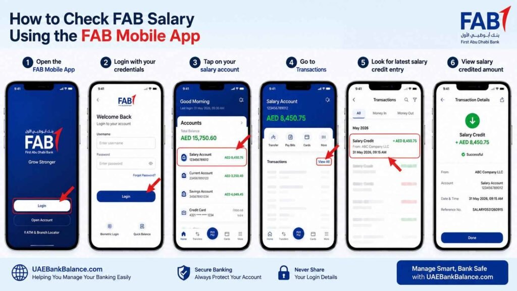 FAB Salary Check Online 2026: How to Check Your First Abu Dhabi Bank Salary in UAE 2 How to Check FAB Salary Using the FAB Mobile App