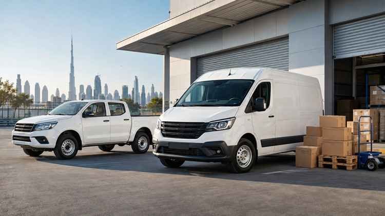 How Dubai Businesses Can Choose the Right Commercial Rental Vehicle 1 White cargo van and pickup truck outside a modern Dubai warehouse