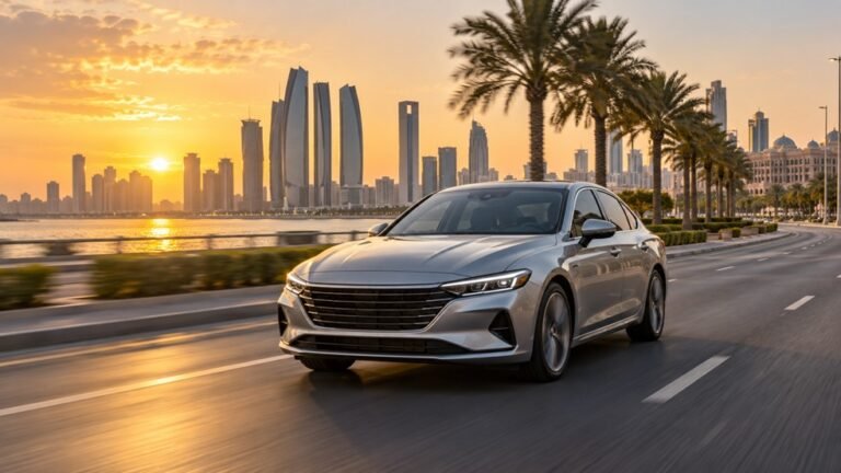 Modern silver rental sedan on a UAE city boulevard at sunset